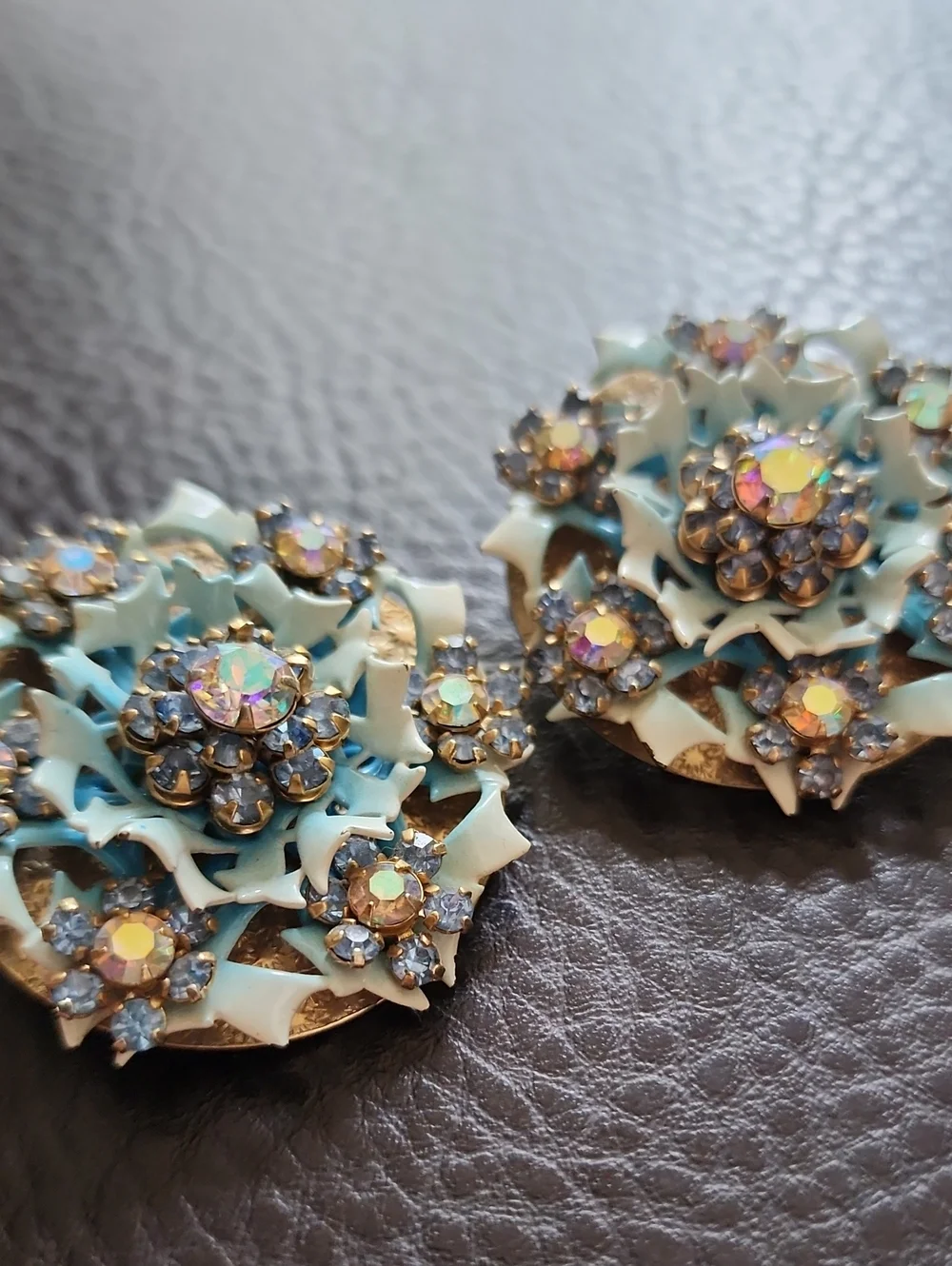 Vintage Style Aqua Crystal Flower Clip-On Earrings
